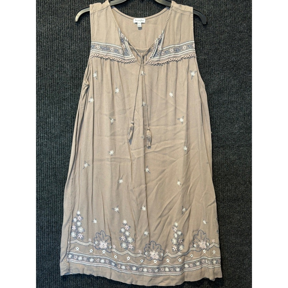Love Fire Taupe Embroidered‎ Boho Sleeveless Dress XL Floral Tassels Split Neck